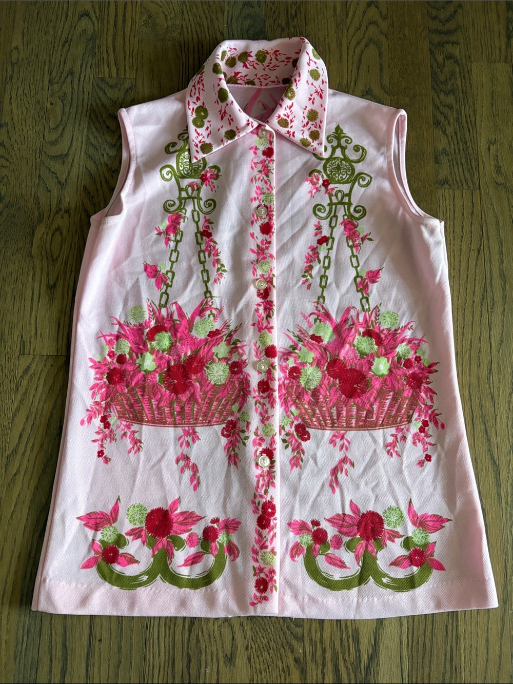 Vintage Pink Button-Down Top with Hot Pink & Green Basket Floral Print